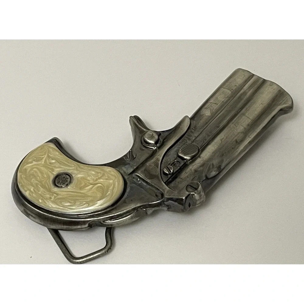 Vintage Remington Style Derringer Pistol Belt Buckle - Faux Pearl Grips